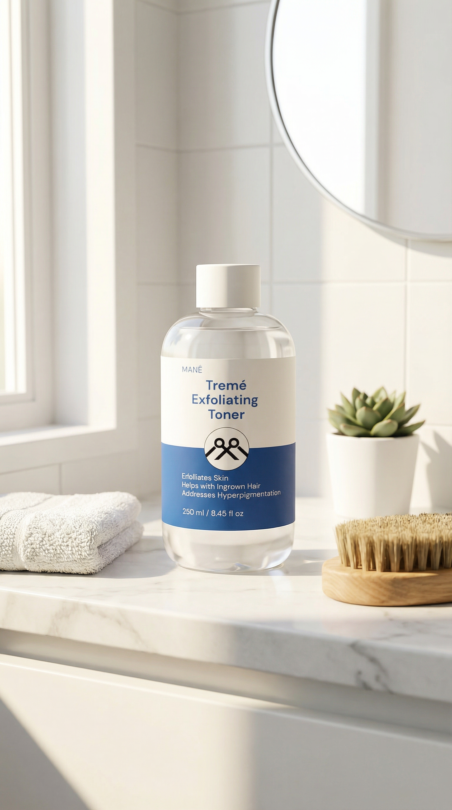 Bottle of Tretm Exfoliating Toner on a bathroom counter with a mirror and plant in the background.