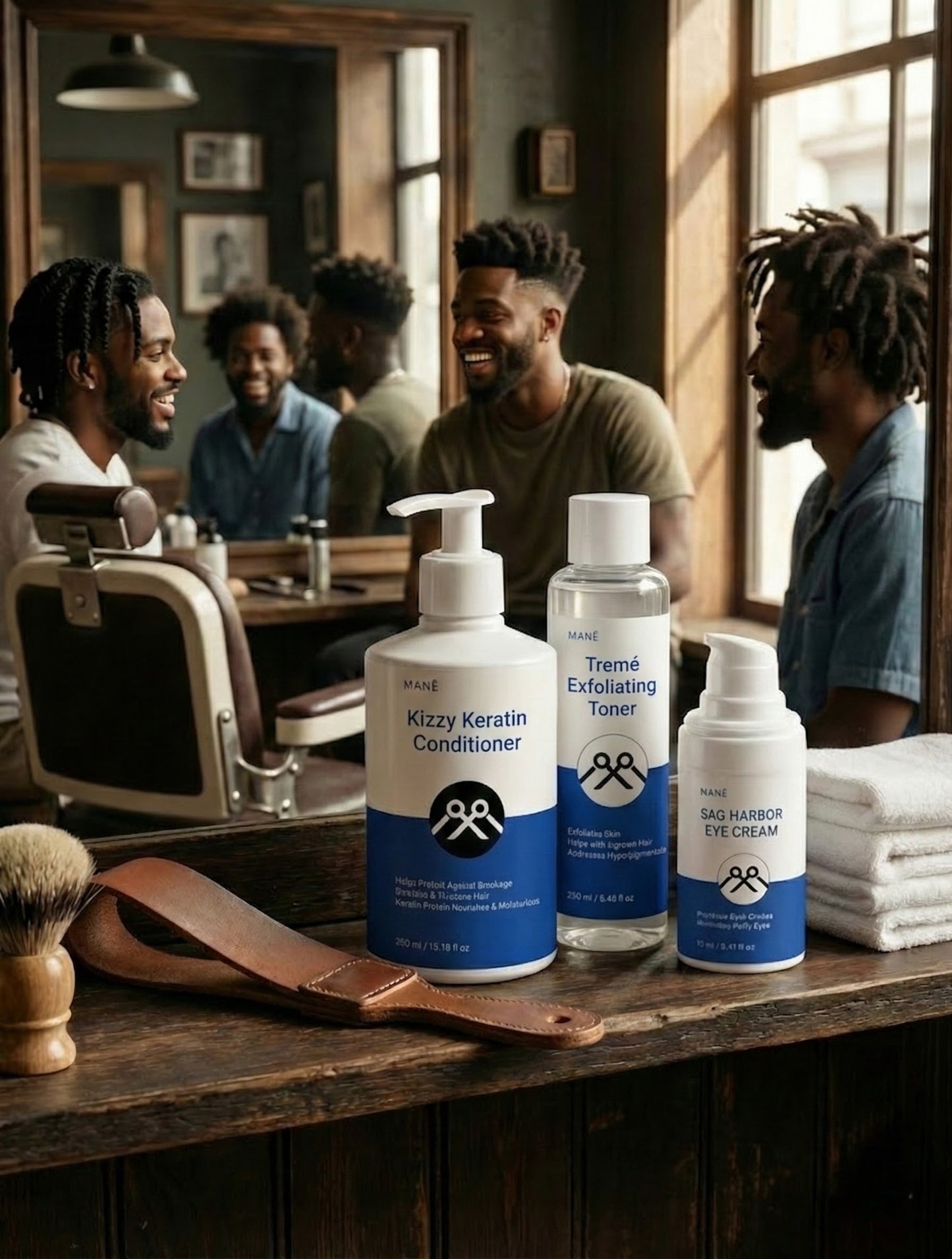 Kizzy Keratin Conditioner with MANË grooming products in barbershop